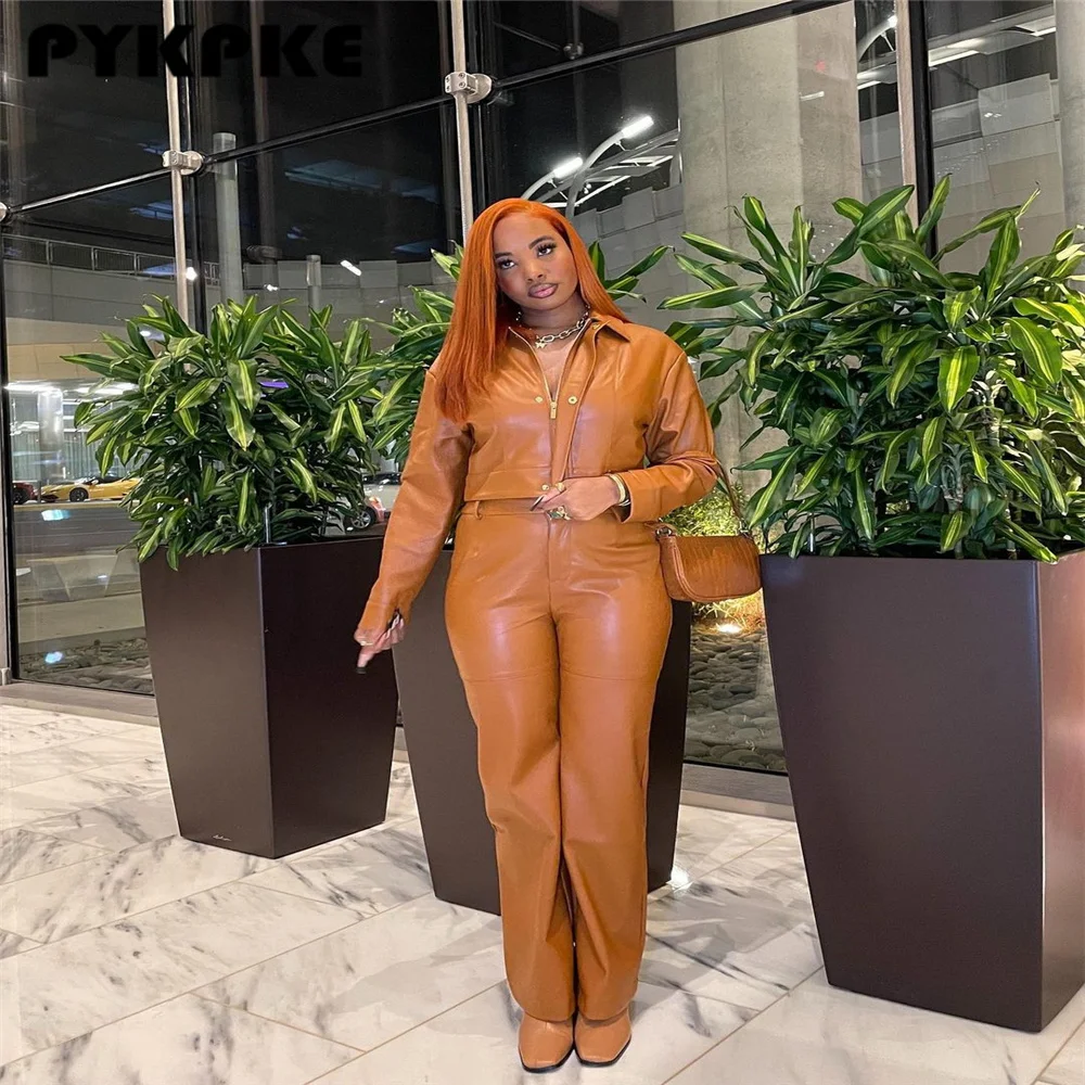 

Sexy PU Faux Leather Two Piece Outfits Zipper-up Long Sleeve Tops and High Waist Straight Pants Sets Lady Sets