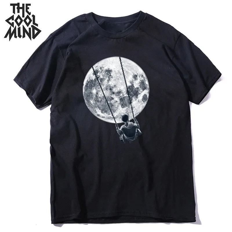 COOLMIND хлопок Повседневная футболка с коротким рукавом moon theam Мужская футболка с круглым вырезом трикотажная удобная ткань уличный стиль Мужская футболка