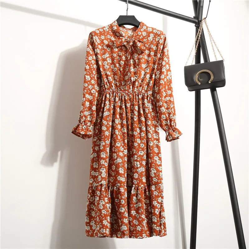 

Women Casual Spring Dress Lady Korean Style Vintage Floral Printed Chiffon Shirt Dress Long Sleeve Bow Midi Summer Dress Vestido