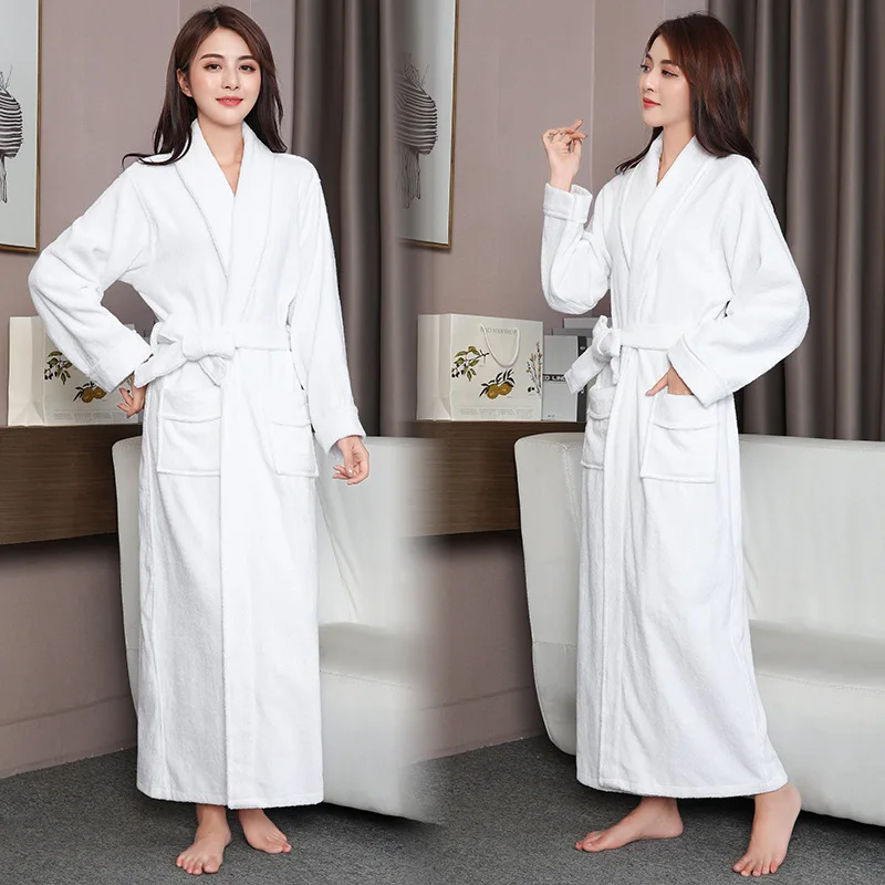 

Towel Cotton Bathrobe Sleepwear With Pocket Hot Pink Kimono Gown Nightwear Winter New Robe Home Clothing Warm Homewear Nightgown