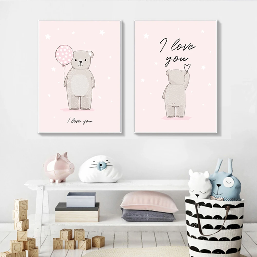 Милый медвежонок детская настенная живопись розовый воздушный шар холст постер