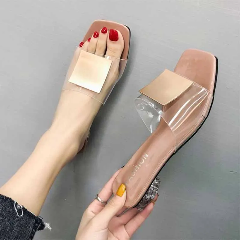 

Summer Shoes For women 2020 Metal Buckle Transparent Heels personality fashion Comfortable and soft PVC Ladies Slippers