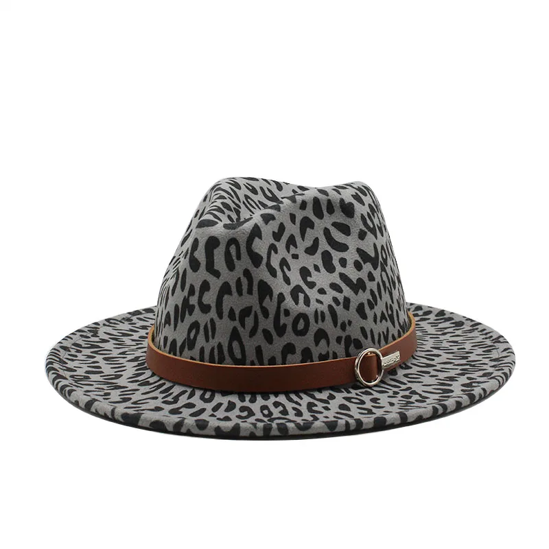 

2020 new Trend Unisex Flat Brim Wool Felt Jazz Fedora Hats Men Women Leopard Grain Leather Band Decor Trilby Panama Formal Hats