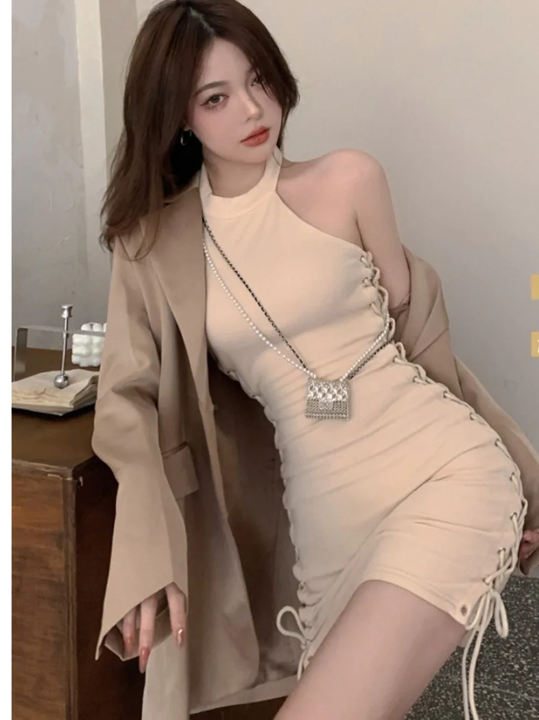 

Sexy Halter Dress Female 2021 Tight-fitting European American Hot Girl Vest Mini Skirt + Office Suit Women Jacket Two-piece Suit