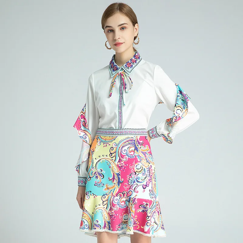 

2021 SPRING RUFFLE PRINT BEADED LONG SLEEVE TOP & SKIRT SET
