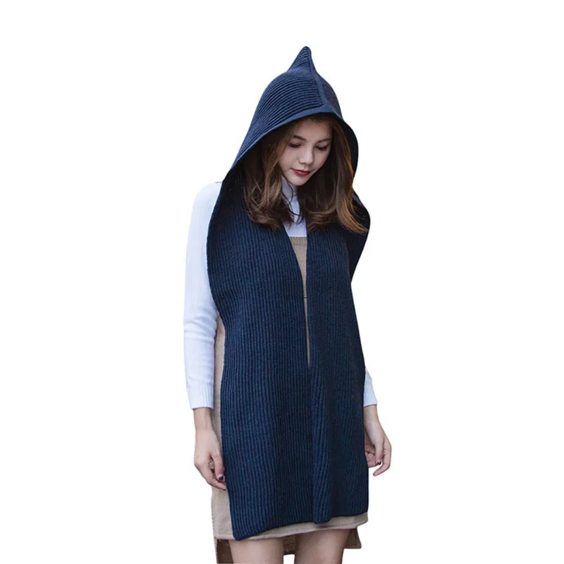 

Autumn Winter Women Knitted Hooded Scarf Adult Cotton Blend Comfortable Cap Neck Ear Warmer Wrap Holiday Gift Fashion Scarf