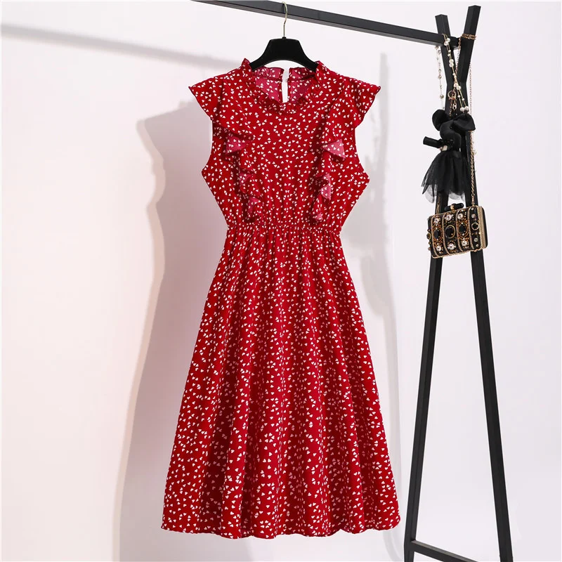 

Vintage Butterfly Sleeve Ruffles Heart Dot Print Dress Women Medium Long Chiffon Ladies Spring Summer Dress Red Black Blue