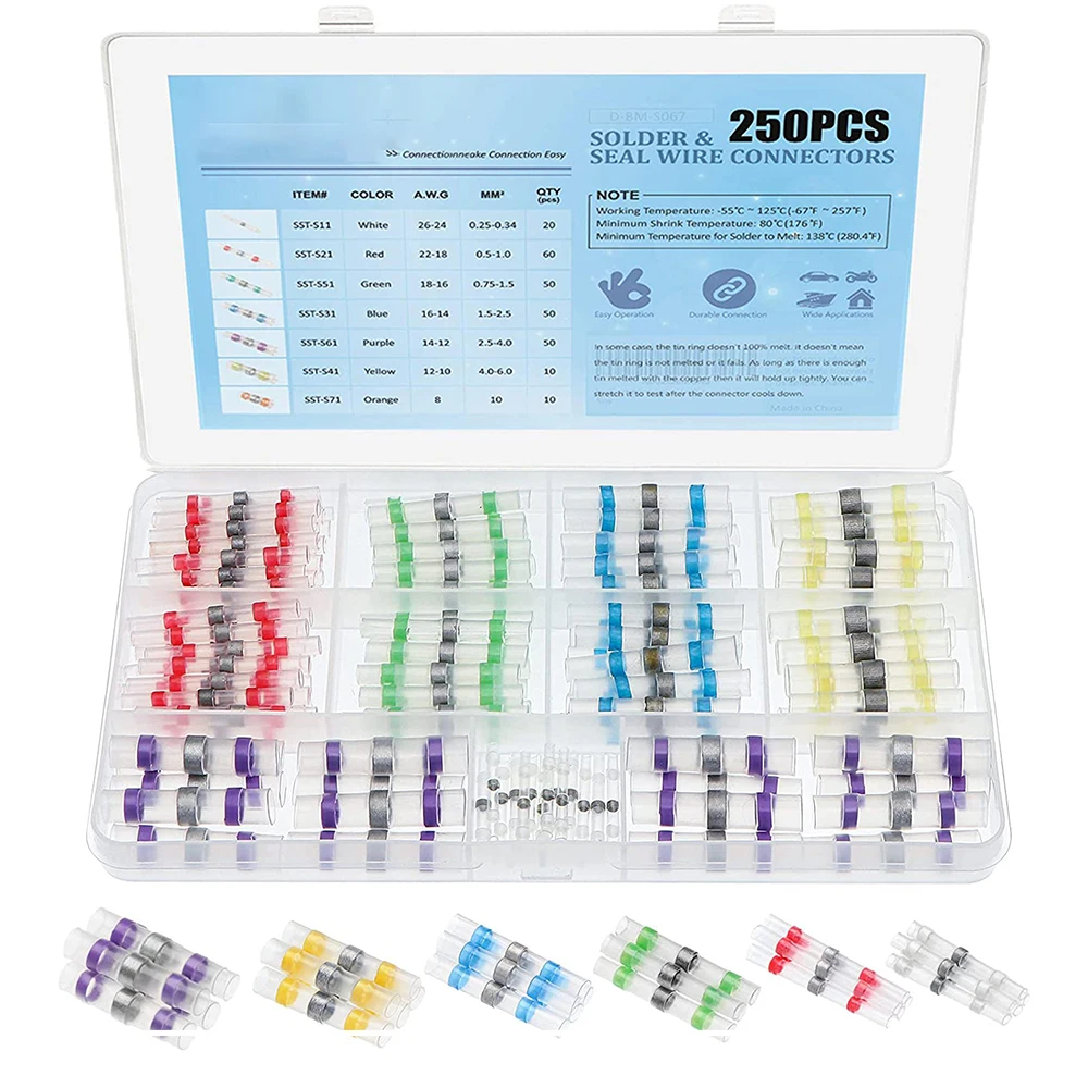 

250PCS 7Colors Heat Shrink Butt Crimp Terminals Waterproof Solder Seal Electrical Butt Connectors Wire Cable Splice Terminal Kit