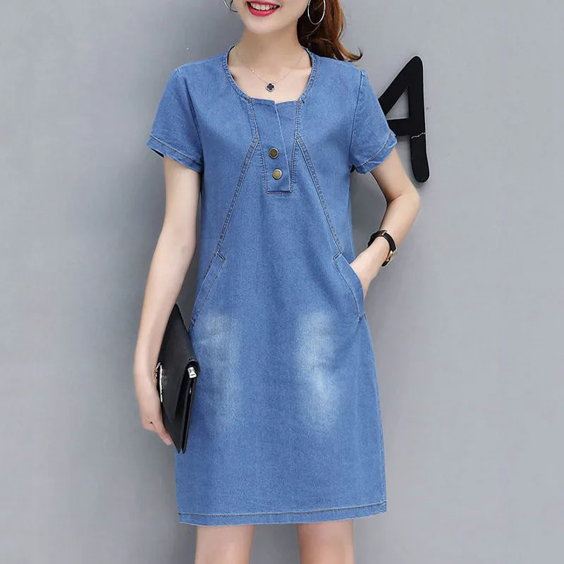 Новые женские платья Стильные джинсовые Robe Femme Ete с коротким рукавом большие