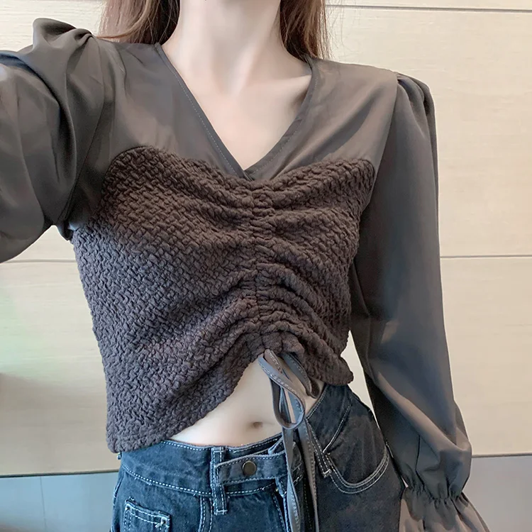 

V-neck Chiffon Shirt Women's Design Sense Niche Western Style French High Waist Short Slimming Bubble Long Sleeve Drawstring Top