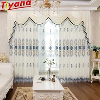 european white luxury curtains high end blue embroidery fabric for living room lace bottom drapes for bedroom hm680vt