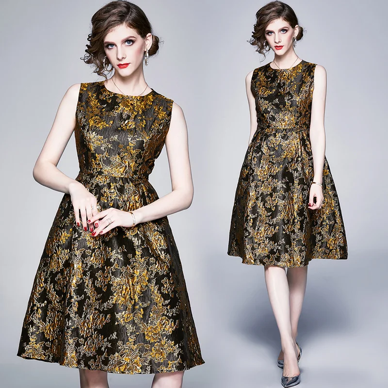 Женское жаккардовое платье без рукавов ТРАПЕЦИЕВИДНОЕ золотистое винтажное