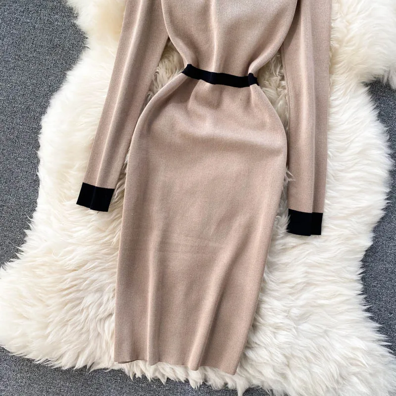 

slim v neck patchwork Autumn Bodycon Knitted Sweater short Dress Winter Party sheath dress Women casual stretch dress