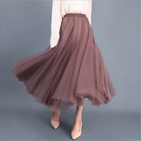 luxury woman long mesh skirts 2022 new summer waist high elasticity a line pleated tulle skirt for women mujer faldas 70 90cm