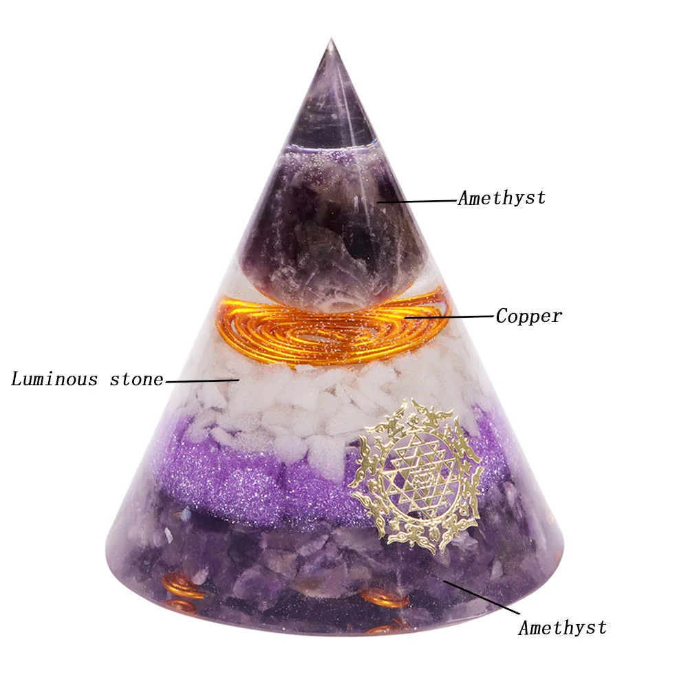 Orgonite Pyramid Amethystine With Copper Luminous Chakra Energy Handmade Resin Decorative Craft Jewelr |