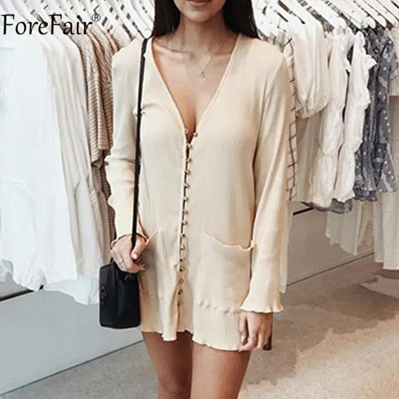 

Forefair V Neck Khaki Long Sleeve Pocket Ruffles Sexy Women Dress 2020 Autumn Button Casual Solid Party Mini Night Club Dresses