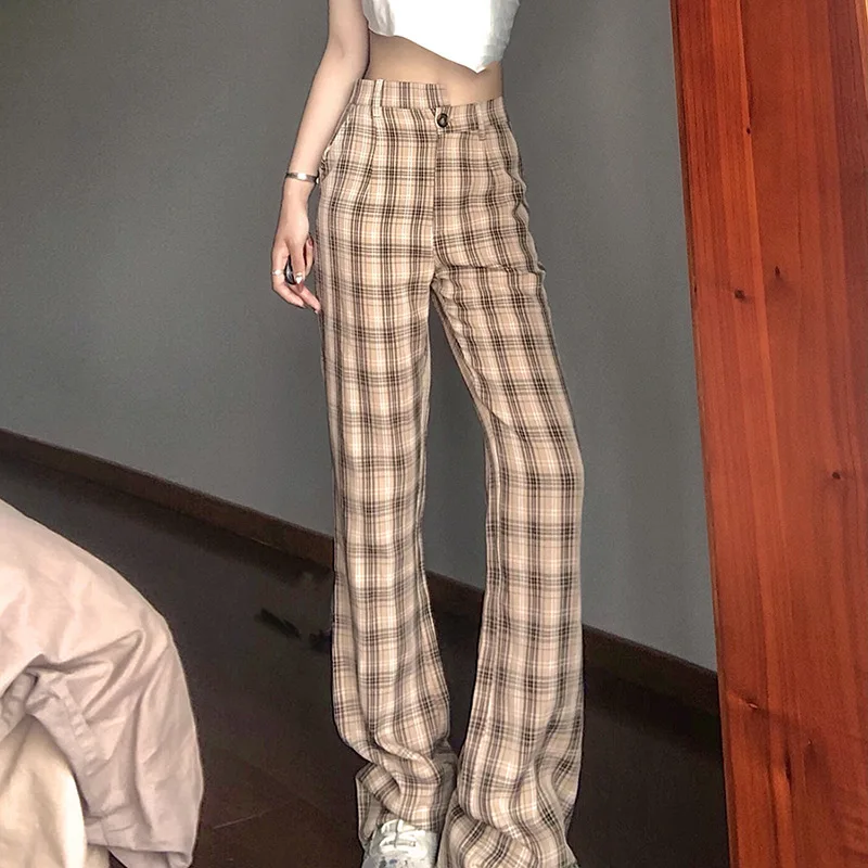 

Women New Plaid Low Waist Flare Pants Streetwear Fashion Casual Asymmetry Y2k Girls Korean Style Full Length Pants Dropshipping