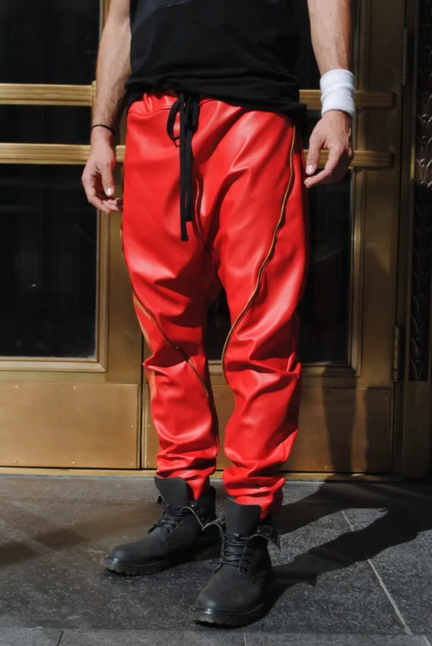 27-46  New 2022 Men's Clohting Fashion Hiphop Color Block Strap Casual Harem Pants Leather Trousers Plus Size Costumes images - 6