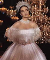 luxury sparkly sequined high neck ball gown wedding dresses with tassels vintage saudi arabic dubai illusion bridal dress