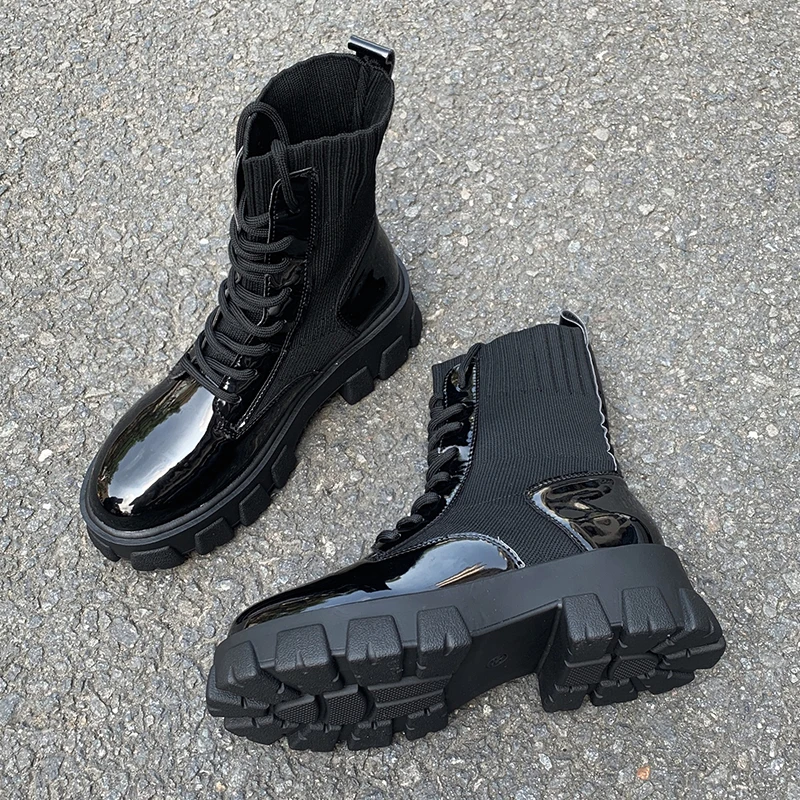 

Women Boots Fashion Sock Patent Leather Black Booties Shoes Platform Flat Motorcycle Knitting Boots Women