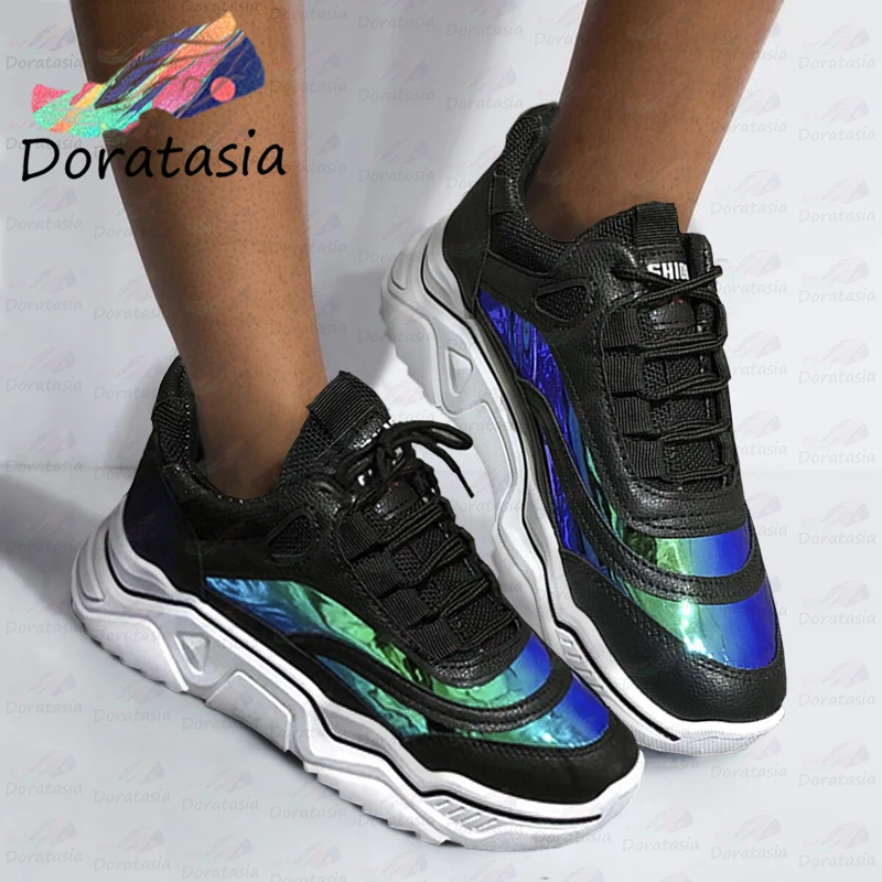 

Female Spring Autumn shoes lace Sneakers Round Toe Brand Chunky Sneakers Women 2020 Comfort Fashion Metallic Shoes Woman