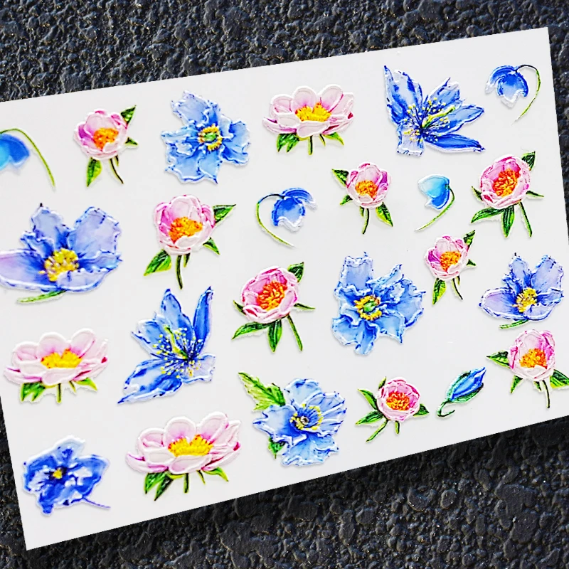 

3D Acrylic Engraved Nail Sticker spring blue flowes desgin Water Decals Empaistic Nail Water Slide Decals Z0280