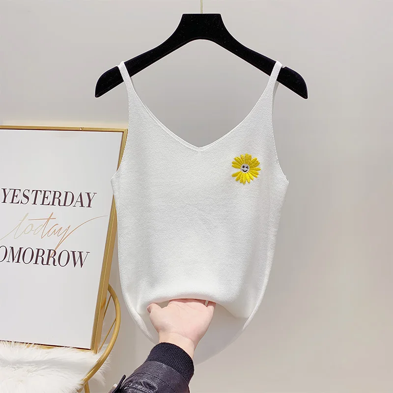 Летний Эластичный трикотажный топ на бретелях для женщин новые милые базовые