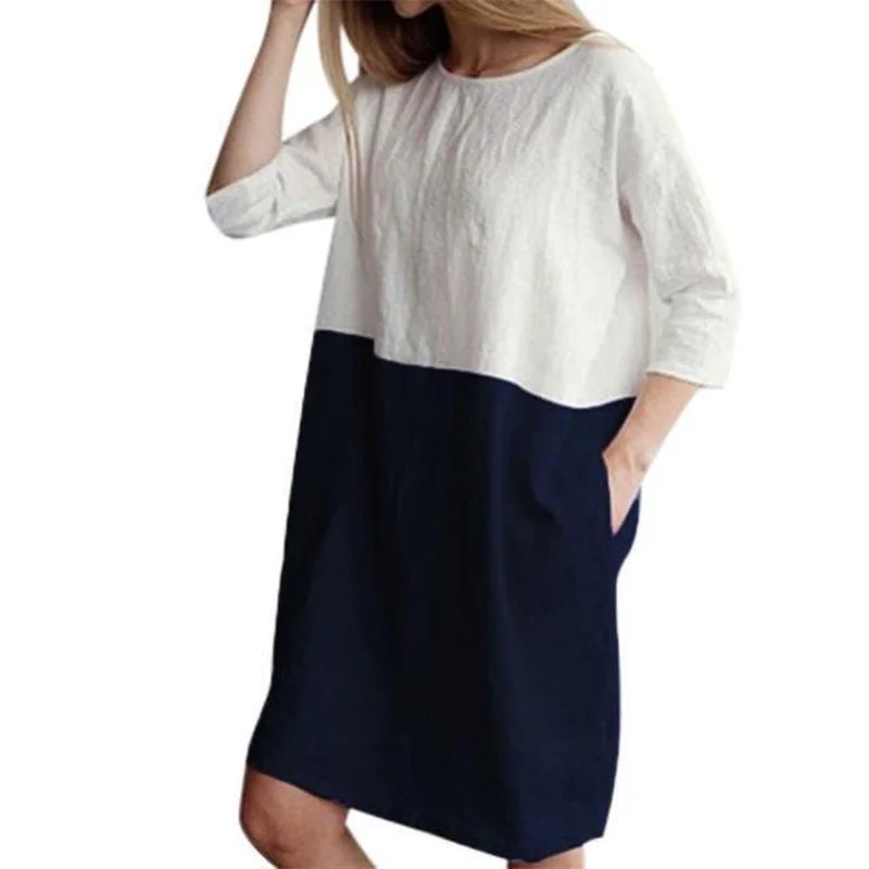 

Свободные однотонные Цвет из хлопка и льна с вышивкой платье с круглым вырезом, рукав «три четверти»; Повседневное платье размера плюс