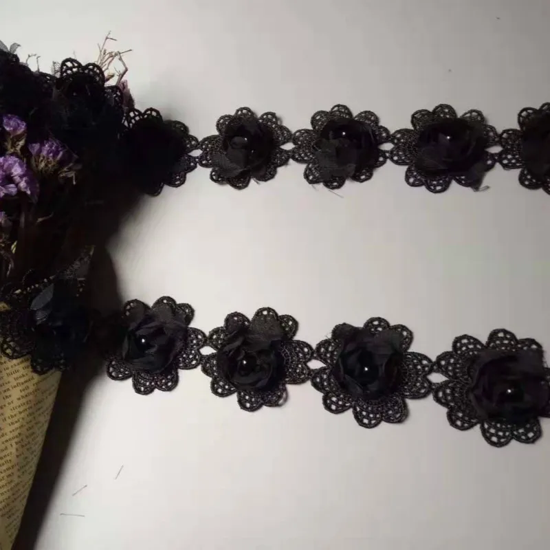 20 шт./лот черная хлопковая лента 5 х5 см с вышитыми жемчужинами и цветами тесьма