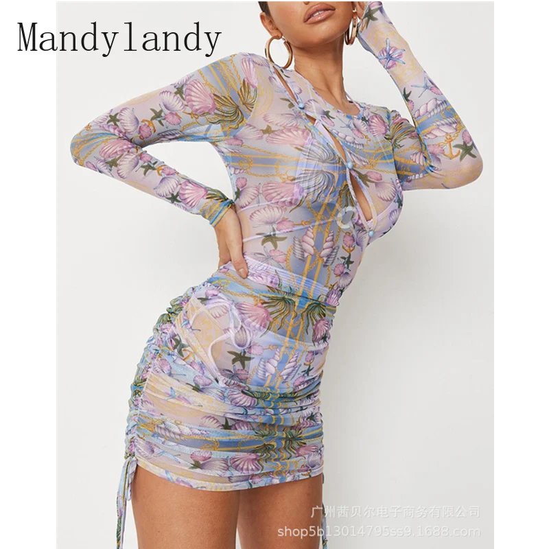 

Mandylandy Women's Sexy Mesh Hollow Out Bodycon Dress Lady Elegant Long Sleeve O Neck High Waist Corset Ruched Mini Dress