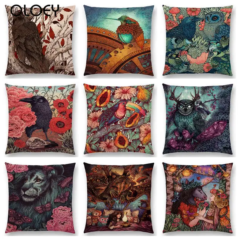 Dark Magic Augury Bird Sofa Pillow Case Three Eyes Raven Steampunk Hummingbird Night Princess Lion Owl Cushion Cover