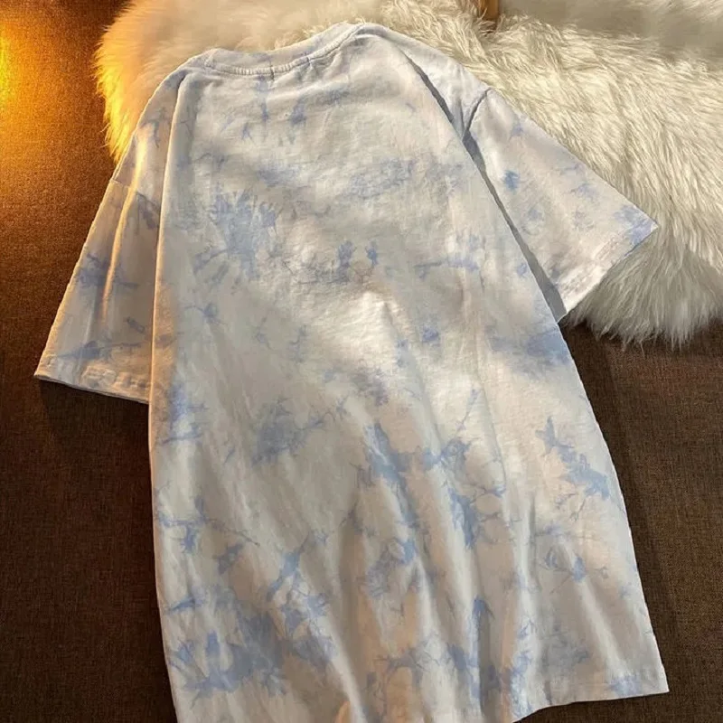 

Short Sleeve T-shirts Women Letter Embroidery Tie Dye Oversize Hip Hop Loose Korean Style All-match Students Simple Chic O-neck