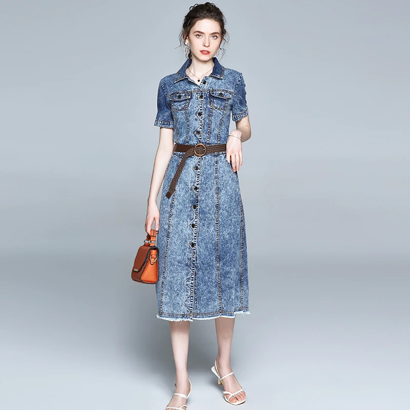 

Women 2021 New Summer Elegant Denim Dress Short Sleeve Office Chic Femme Vintage Designer Runway Dress Vestidos