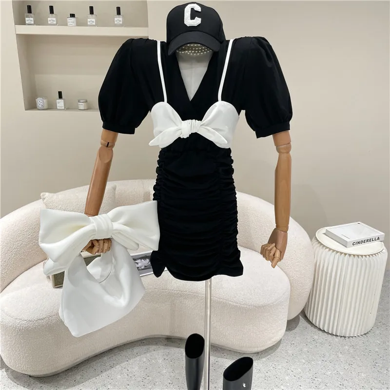 

New Women's Clothing Summer 2021 Fashion V-neck Puff sleeve bow slim dress suspender vest Two piece set