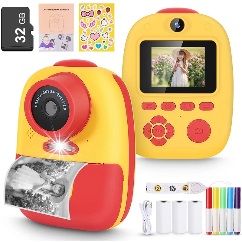 

Портативная камера Мгновенной Печати для детей, игрушечная камера с бумажной пленкой, карта памяти 32 Гб, цифровая камера печати, подарок для...