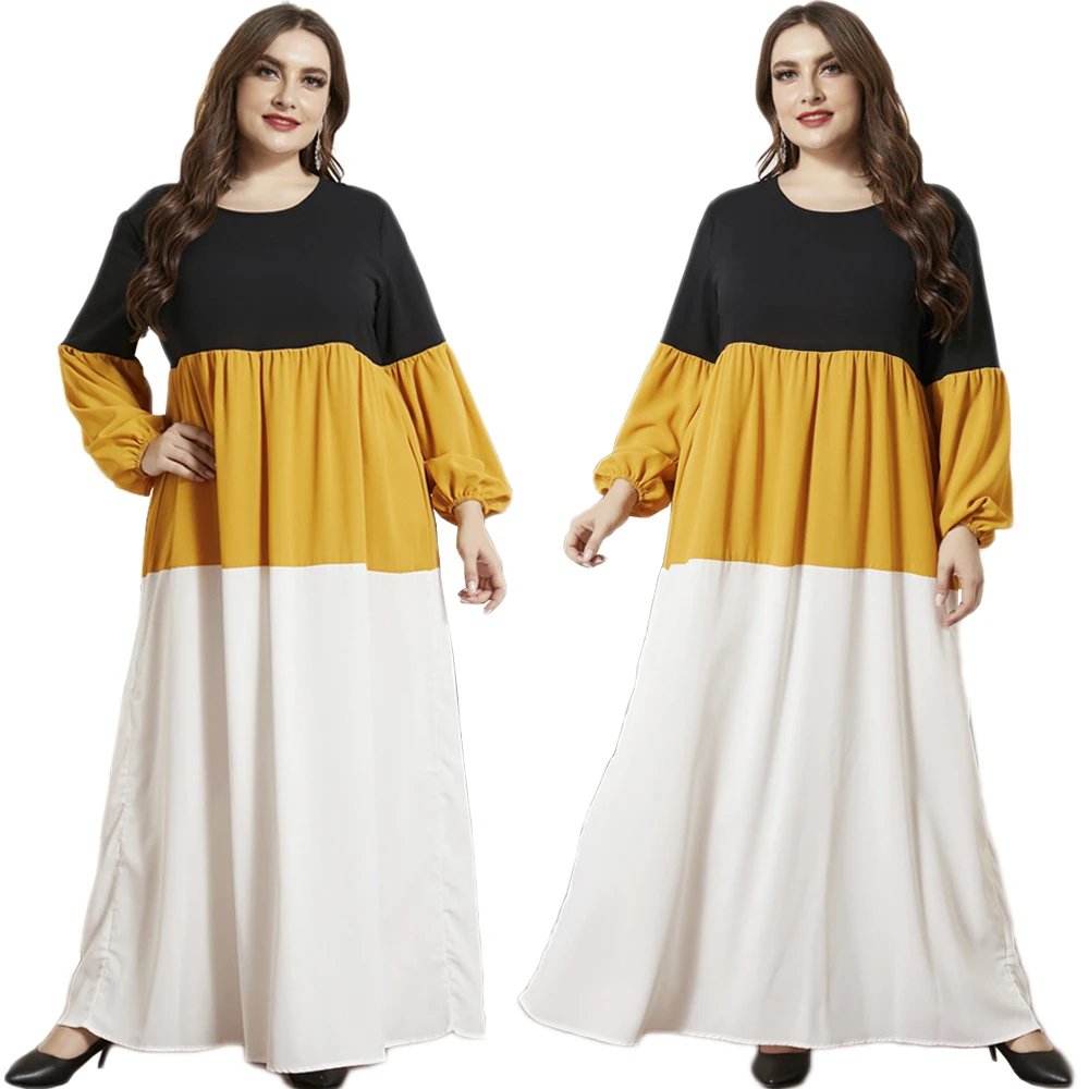 Абаи мусульманских Для женщин длинное платье Цвет блока лоскутное арабских Макси исламский халат Vestido Рамадан кафтан Ближний Вост�