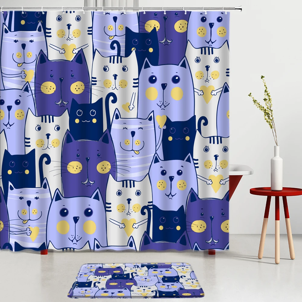 

Cartoon Animals Shower Curtains Set Cute Cat Pattern Bath Mats Entrance Door Mats Bathroom Rugs Room Decoration Bath Screens