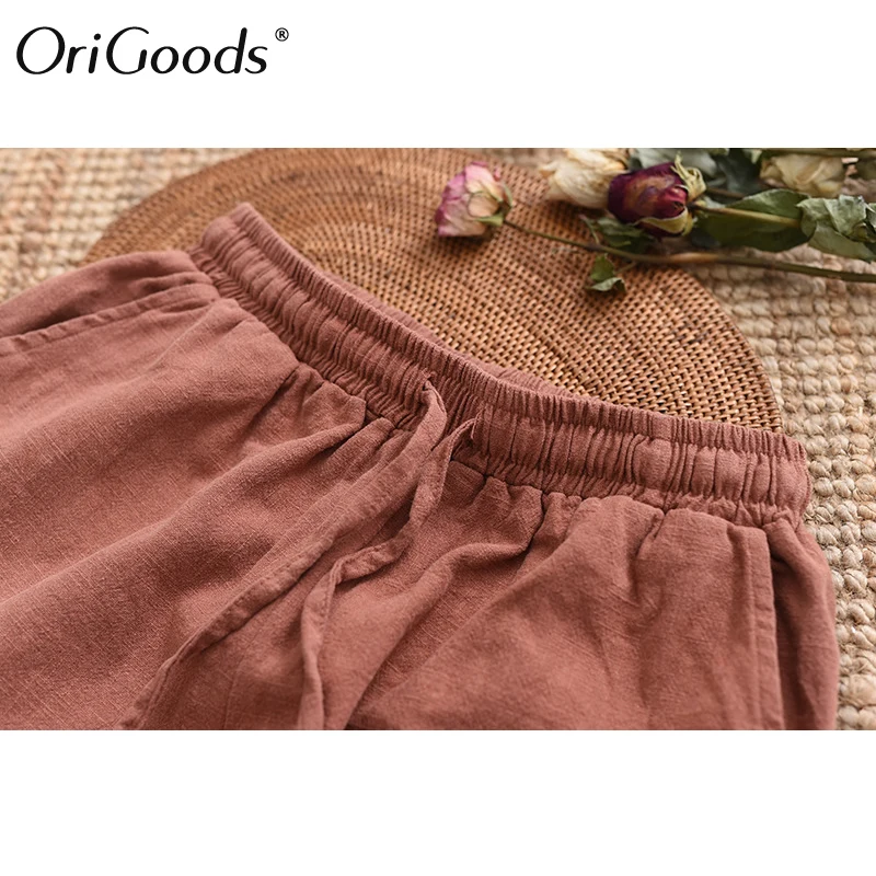

OriGoods Women Linen Wide leg Pants Vintage Ramie Linen Wide leg Trousers Elastic waist Loose Pants 2019 Autumn New Pants C275