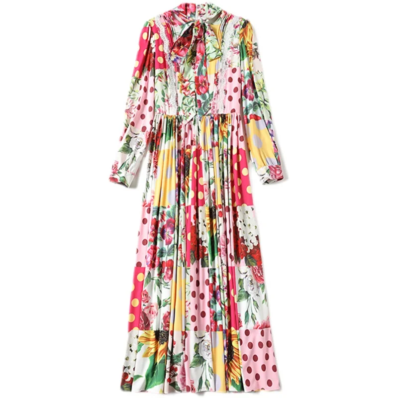 

2021 Women Spring Fashion Runway Dress High Quality Bow Collar Dot Floral Print Robe Femme Mid Calf Sweet Designers Vestidos