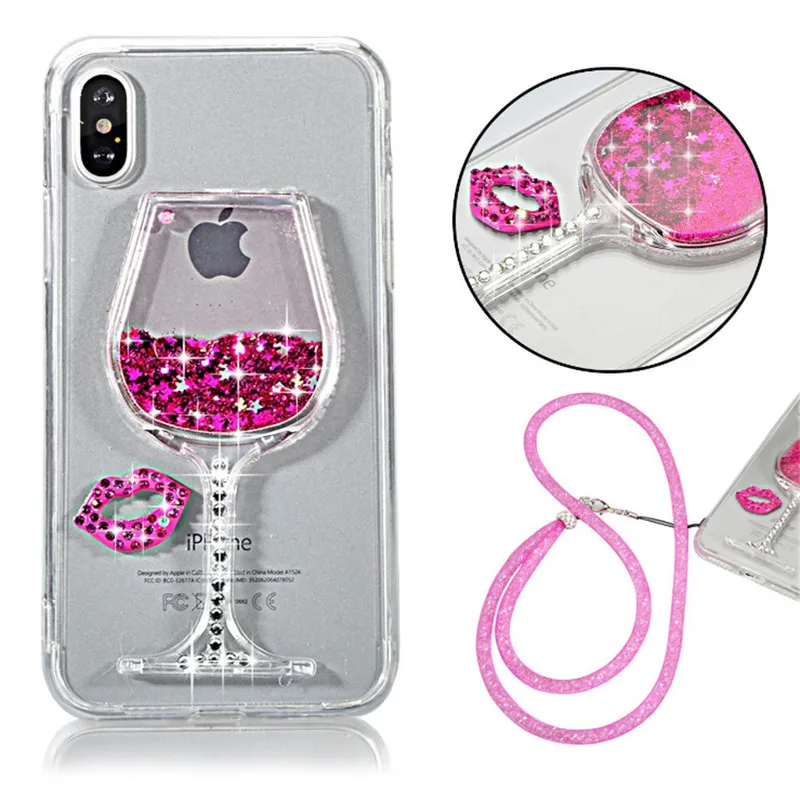 For iPhone 11 Pro X XS MAX XR 6 6S 7 8 Plus 5 SE 2020 Case Liquid Quicksand Bling Rhinestone Wine Glass Cover Hang Rope |