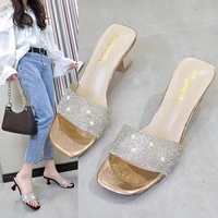 summer gold and silver rhinestone high heeled womens slippers 2021 new fashion sexy outdoor casual sandals comfortable heel