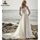 Платье Свадебное ТРАПЕЦИЕВИДНОЕ с пуговицами сзади, шифоновый кружевной топ с длинными рукавами-фонариками в стиле бохо, иллюзия