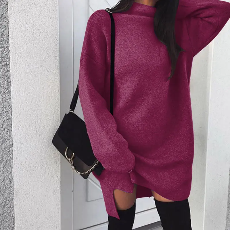 

2021 Autumn Winter Women Knitted Sweaters Warm Long Sleeve Dress Turtleneck Sweaters Casual Loose Sweater Split Dress