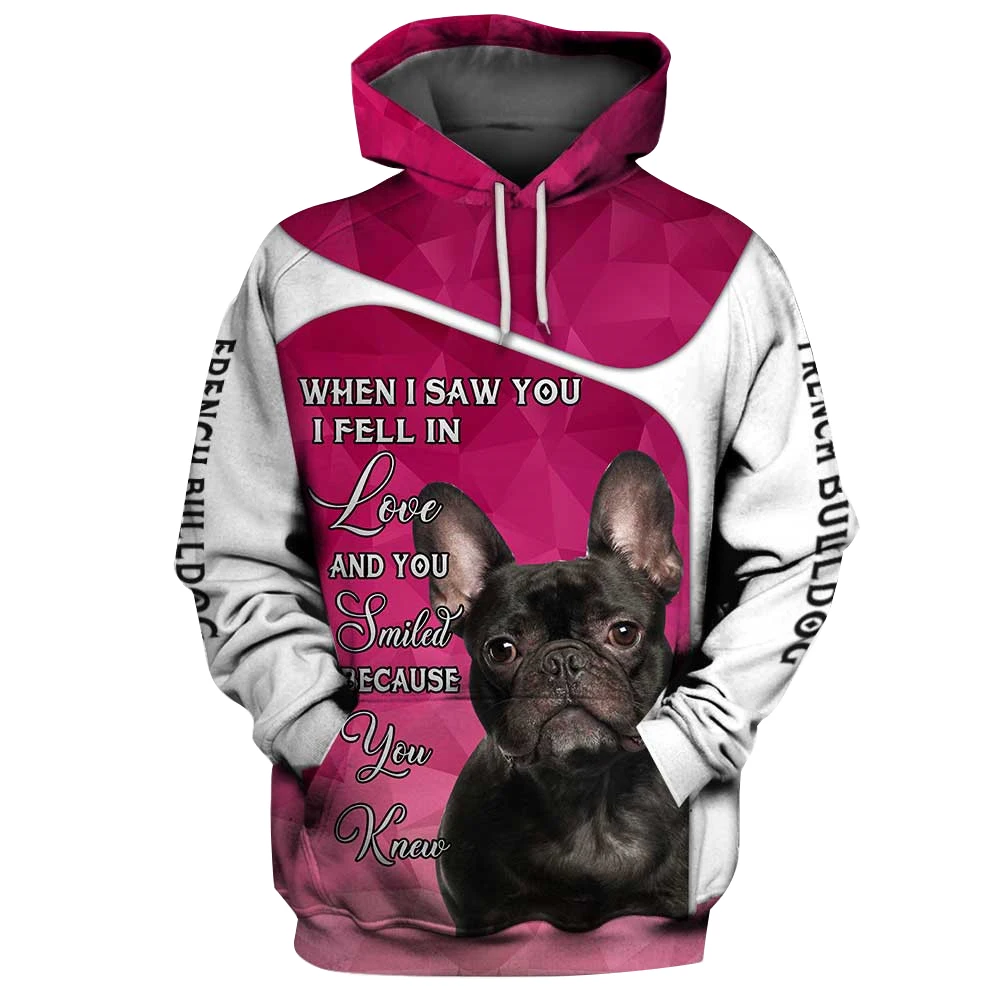

CLOOCL Animals Hoodies 3D Graphic Fell In Love French Bulldog Black Hoodies Pets Dog Pocket Pullovers Sweatshirts Men Clothing