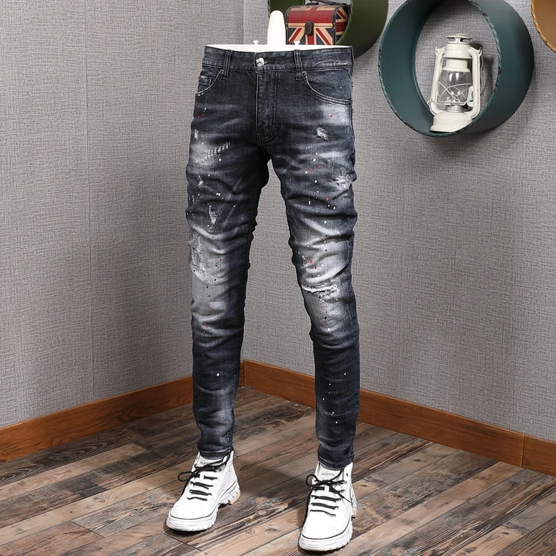 European Street Fashion Men Jeans Retro Elastic Slim Fit Ripped Jeans Men Distressed Painted Designer Hip Hop Denim Punk Pants