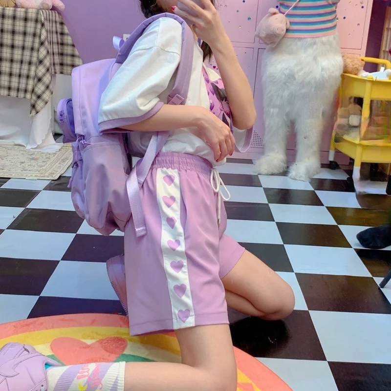 Шорты женские в стиле пэчворк с завышенной талией милыми фиолетовыми сердечками