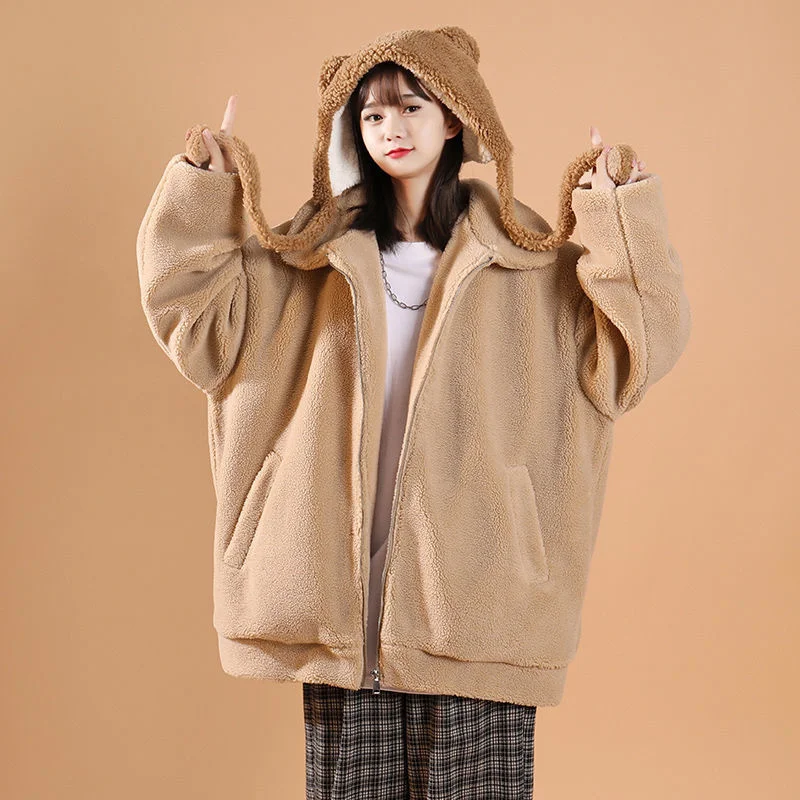 

Hybskr утепленные куртки оверсайз из овечьей шерсти Модные женские парки однотонные теплые женские пальто на молнии Повседневная Верхняя оде...