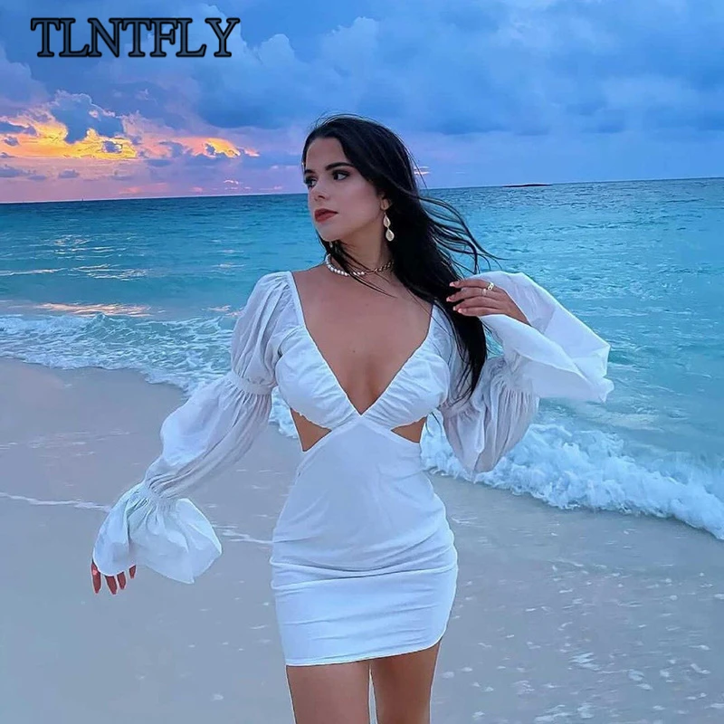 

TLNTFLY Fashion Design Sexy Dress Backless Flared Sleeves V-Neck Slim Women's Autumn Cut Out Birthday Dresses Holiday Vestidos