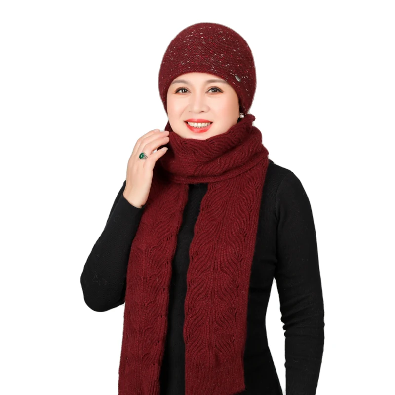 Rabbit Hair Knitted Wool Cap Middle Aged Elderly Warm Plus Velvet Scarf Mothers Birthday Present Elegant Flower Ladies Hat | Аксессуары