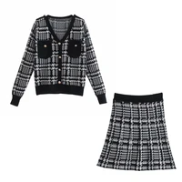 houndstooth fashion knitted sweater skirt two piece set womens casual single breasted pullover knit tops and a line skirts sets